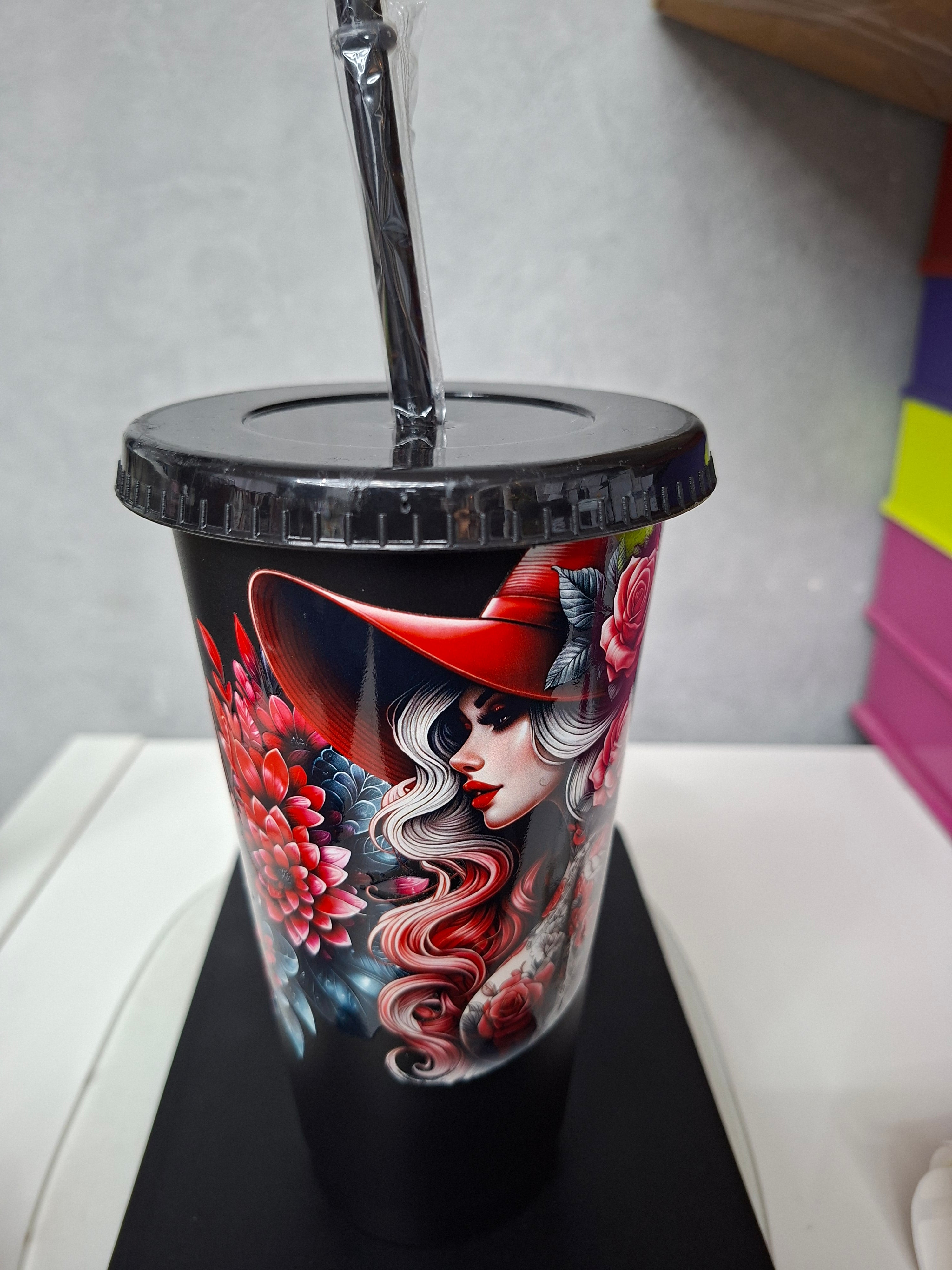 Unikate - Trinkbecher mit Deckel und Strohhalm in Schwarz mit mega schönen Motiven