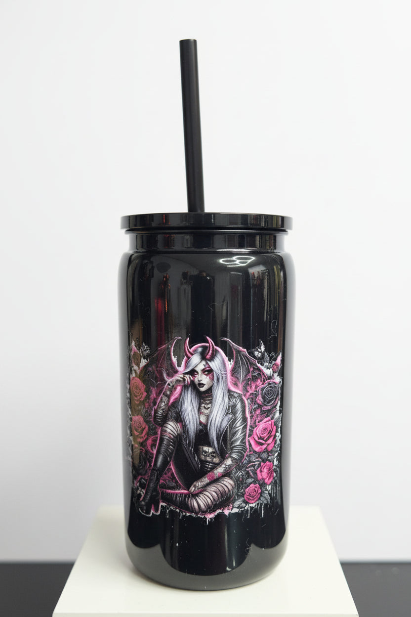 Unikat - Becher mit Strohhalm Anne in Schwarz 500ml