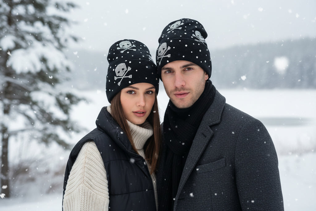 Mütze im Strick mit Strass Steinen und Totenkopf