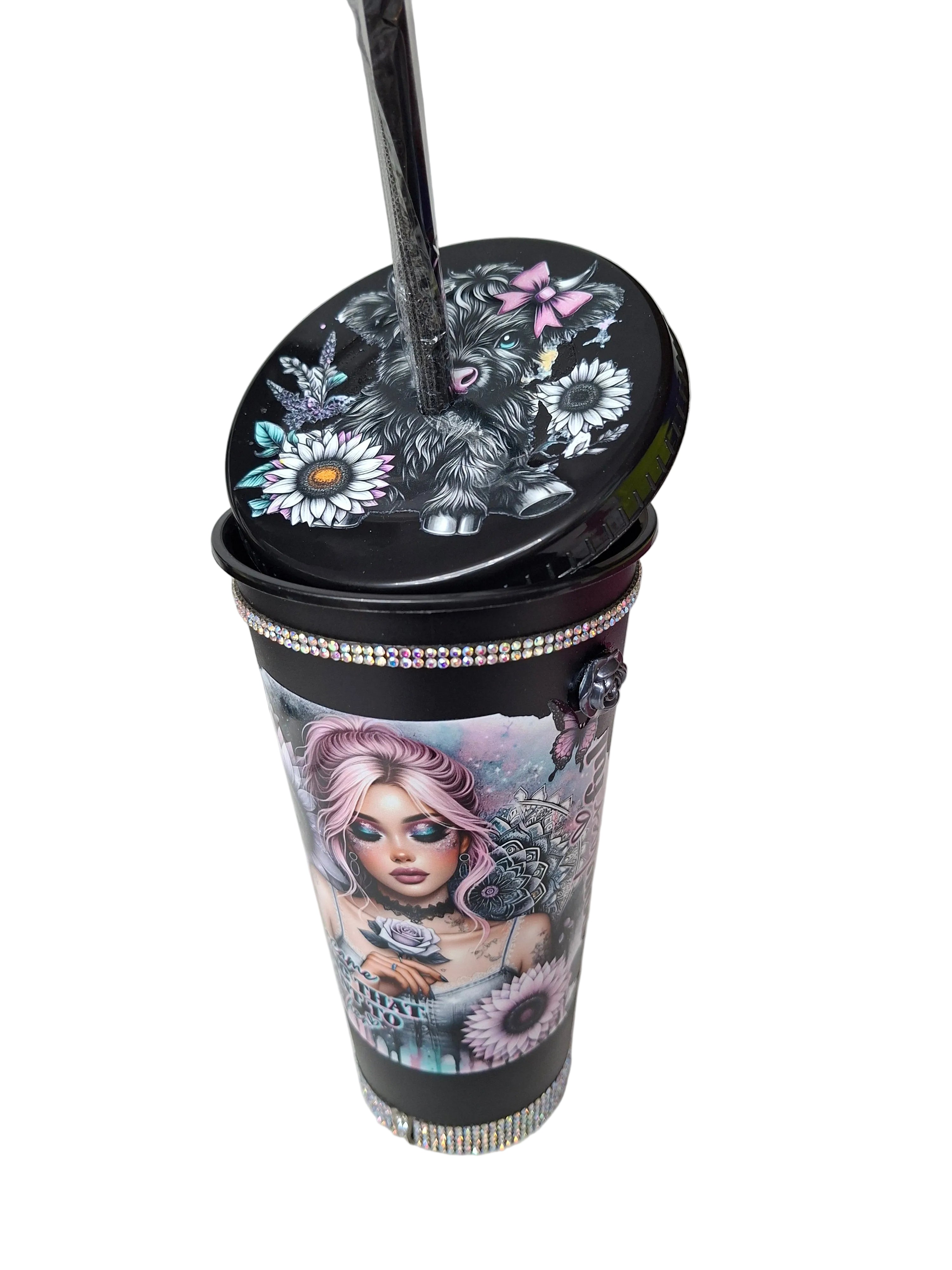 Unikate - Trinkbecher mit Deckel und Strohhalm in Schwarz mit mega schönen Motiven