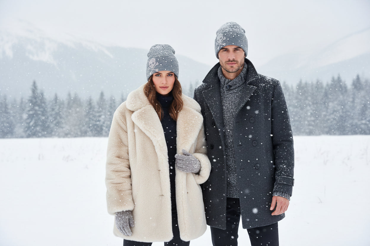 Mütze im Strick mit Strass Steinen und Totenkopf